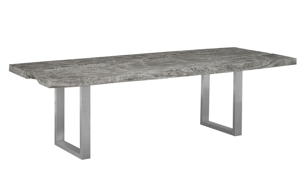 Chamcha Wood Dining Table Grey Stone, Brushed Stainless Steel Legs