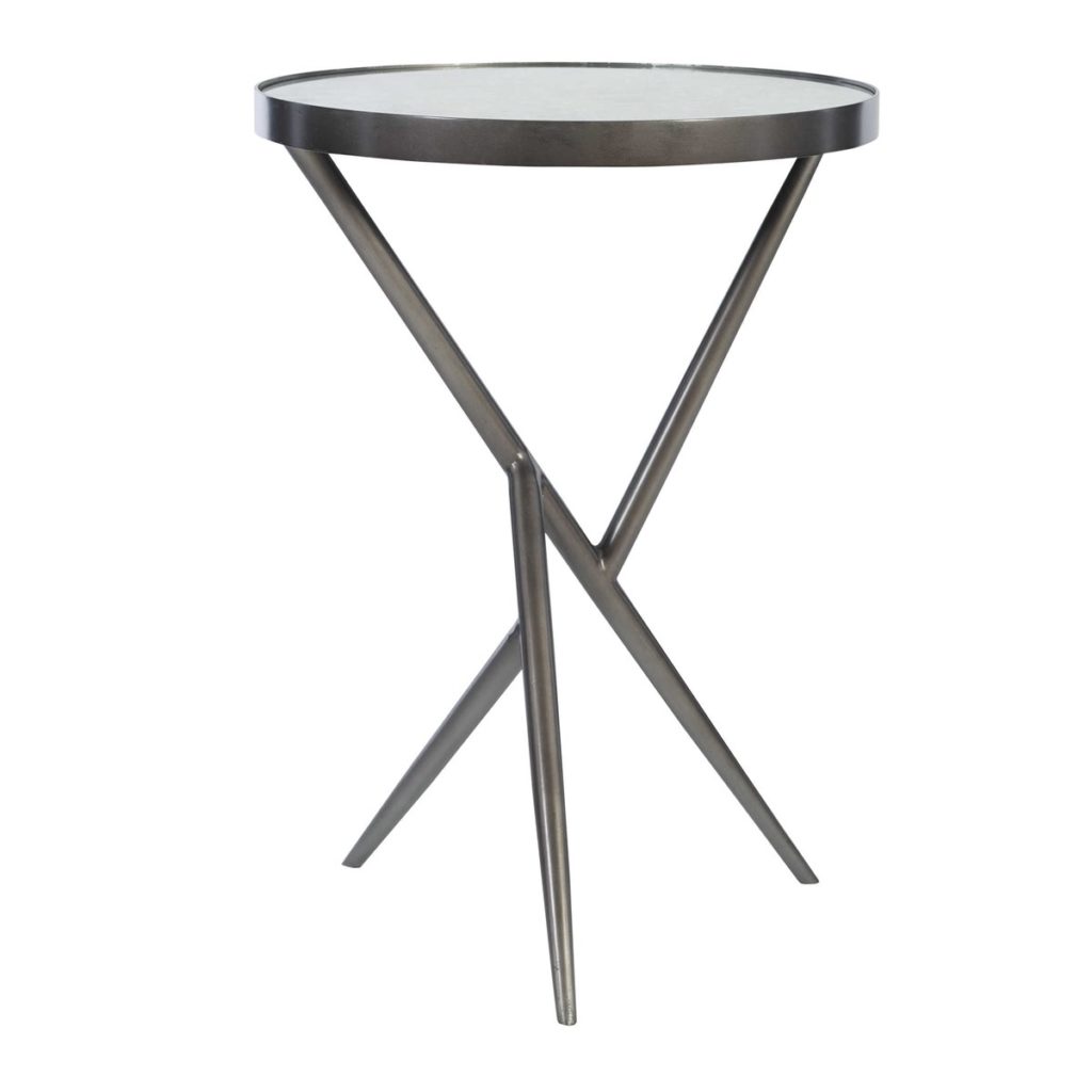 Absalom Accent Table is unique accent table features a fun angular steel base finished in gunmetal, complete with an antique mirror top. Dimensions: 18 W X 25 H X 18 D (in) Weight: 21