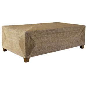 Raja Coffee Table Equal parts relaxed and refined, this coffee table embodies casual coastal style. Wrapped in natural woven banana plant, creating unique texture and concentric color patterns, resting on wooden feet finished in a light walnut stain. Dimensions: 48 W X 16 H X 28 D (in)